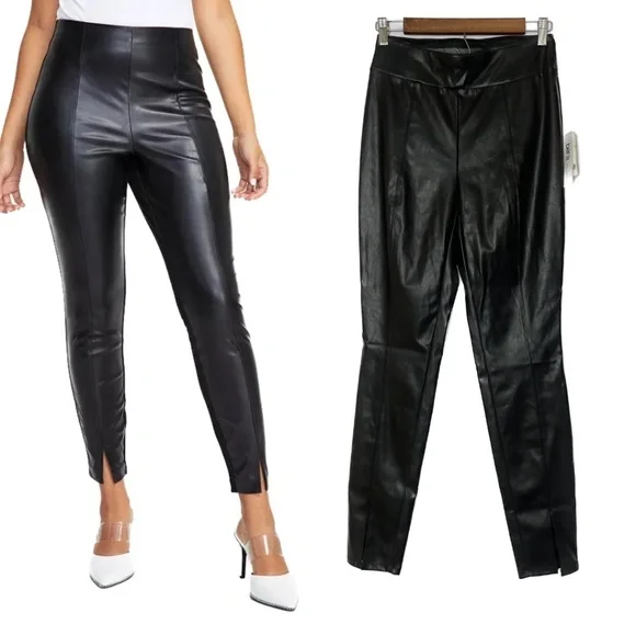 ❌ SOLD NWT - BAR III WOMEN'S SLIT-HEM FAUX-LEATHER DEEP BLACK LEGGINGS, SIZE S - Picture 1 of 5